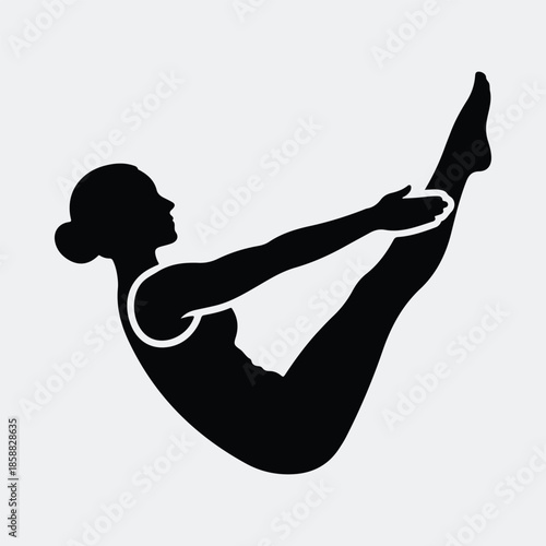 Silhouette athletic woman performing boat pose yoga Pilates fitness workout vector illustration