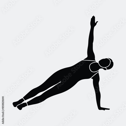 Silhouette female performing side plank yoga pose fitness workout vector illustration