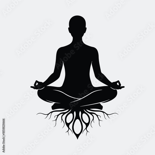 Silhouette human figure in lotus meditation pose with spiritual roots vector illustration