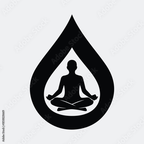 Silhouette meditating person in lotus pose inside water drop symbol vector illustration