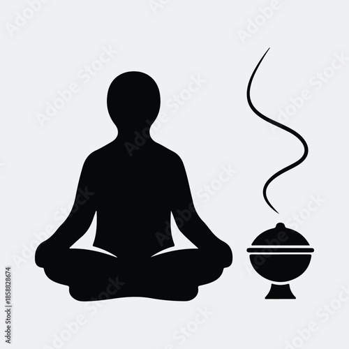 Silhouette meditating person sitting in lotus pose with burning incense smoke vector illustration