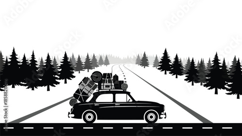 A black car heavily loaded with luggage travels down a snowy winter road