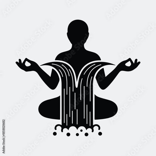 Silhouette meditating person with calm flowing water representing inner peace vector illustration