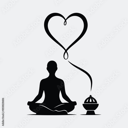 Silhouette meditating person with flowing heart shape from incense vector illustration
