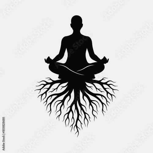 Silhouette meditating person with roots symbolizing strong spiritual grounding vector illustration