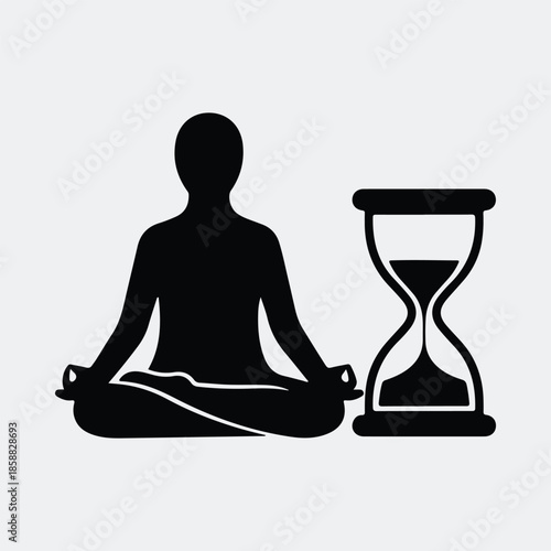 Silhouette mindful person meditating with time hourglass for peace vector illustration