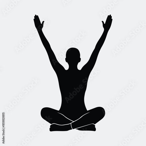 Silhouette person sitting cross-legged with raised arms meditation yoga pose vector illustration