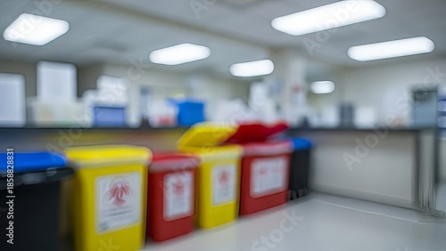Blurred Hospital Waste Bins Medical Disposal Safety Concept