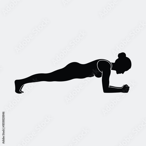 Silhouette strong athletic woman performing plank exercise for core strength vector illustration