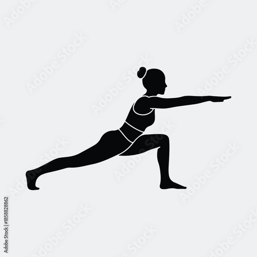 Silhouette strong woman practicing yoga warrior pose fitness workout vector illustration