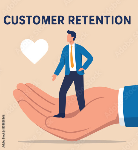 Customer retention, marketing strategy for customer loyalty, employee engagement, recruitment or human resource hiring, consumer care or benefit concept, businessman hand holding customer with care.