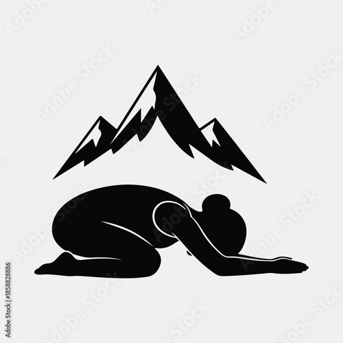 Silhouette woman doing yoga child pose under mountain peaks vector illustration