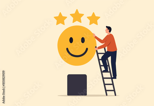 Customer satisfaction, feedback or appreciation rating, positive score or good quality service climb up ladder to give positive smile feedback rating.