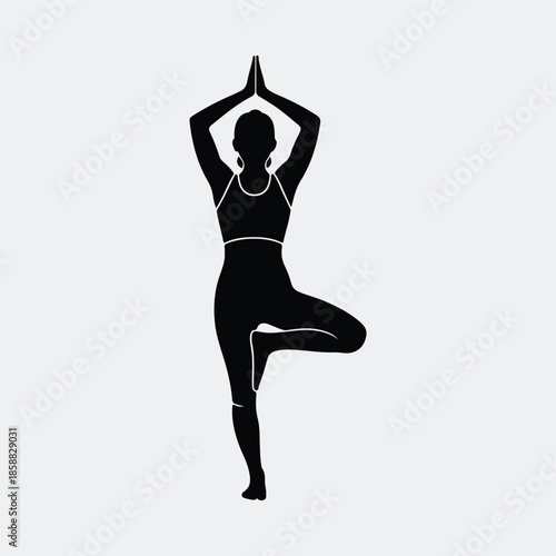 Silhouette woman practicing yoga tree pose for balance and healthy lifestyle vector illustration