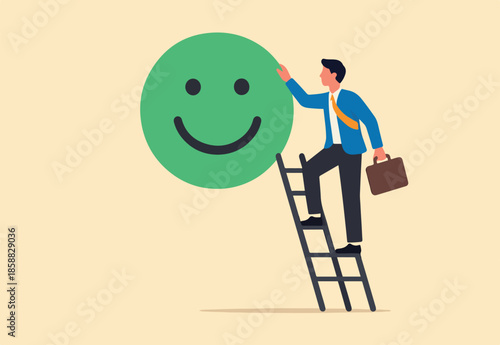 Customer satisfaction, feedback or appreciation rating, positive score or good quality service, customer experience vote concept, young man climb up ladder to give positive smile feedback rating