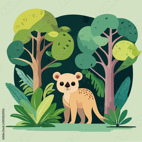 Small spotted leopard cub exploring the deep green jungle forest with tall trees and tropical nature background