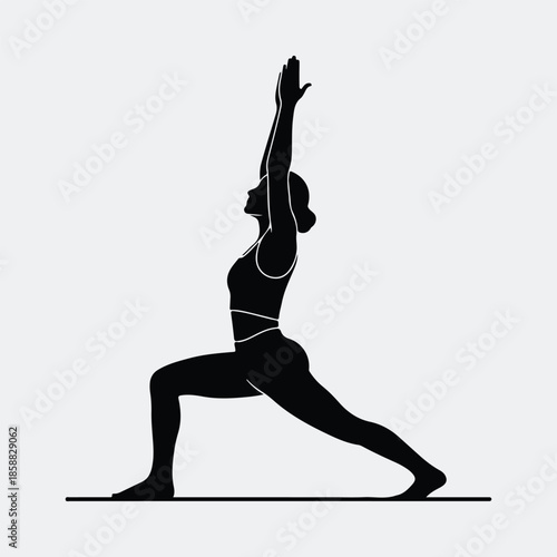 Silhouette woman practicing yoga warrior one pose stretching hands up vector illustration