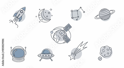 Collection of space-themed illustrations featuring rockets, planets, and celestial objects.