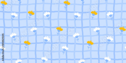 Cute and minimal seamless vector pattern with daisies and wildflowers, perfect for aesthetic children s clothing or seasonal decor and cottagecore-inspired designs