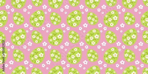 Festive seamless vector illustration of Easter eggs and flowers in soft, pastel colors, perfect for spring-themed wrapping paper, textiles, and Christian holiday decorations