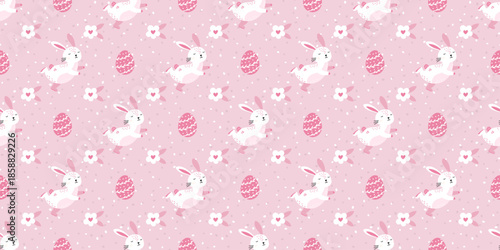 Pastel-colored seamless vector pattern with bunnies, eggs, and spring flowers, perfect for wrapping paper, children s clothing, and celebrating the Easter holiday