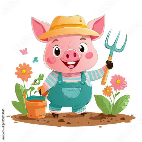 Happy pig farmer character holding a gardening fork and standing near flowers in a sunny garden