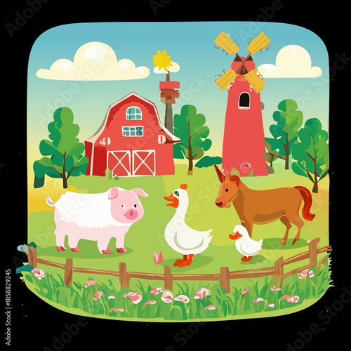 Beautiful farm scenery with a red barn windmill and animals grazing in the green meadow