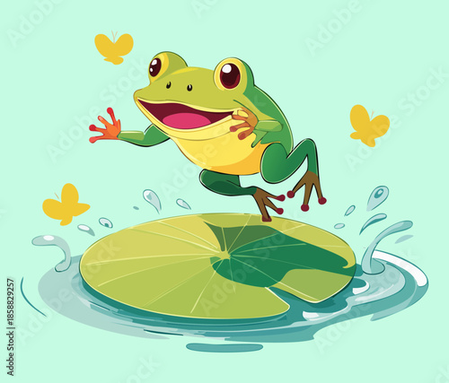 Happy green frog character jumping high from a lily pad in a blue pond with water splashes