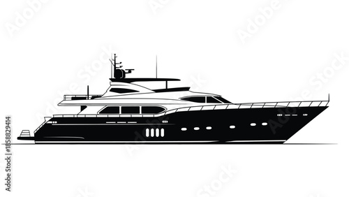 Elegant black and white illustration of a large modern luxury yacht at sea