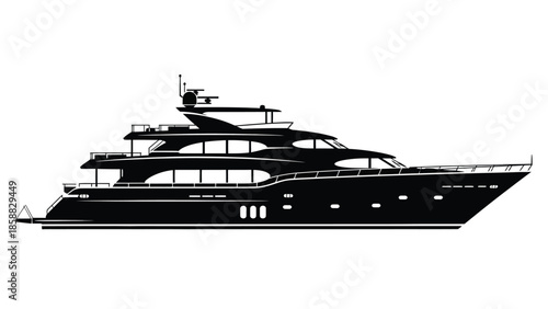 Sleek black and white silhouette of a modern luxury yacht on a white background