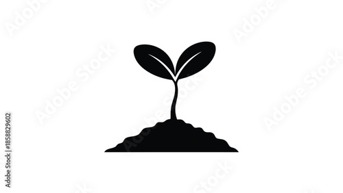A simple black silhouette of a growing plant sprout with soil