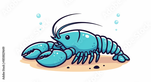 Cute Blue Cartoon Lobster Illustration Underwater Scene.