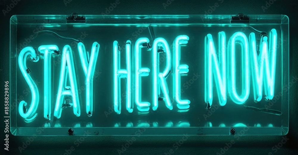 Obraz premium Bright turquoise neon sign displays words stay here now. Dark background emphasizes glowing text. Simple rectangular frame surrounds message.