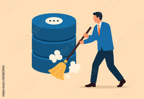 Data cleansing process to arrange, examining or prepare data to be analyzed, preprocessing normalization or validate missing data concept, businessman cleaning database metaphor of cleansing process.