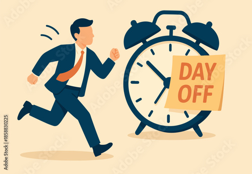 Day off, holiday or vacation reminder, work time planning for out of office notification, relaxation or weekend message memo concept, businessman run with enjoyment on day off note on alarm clock