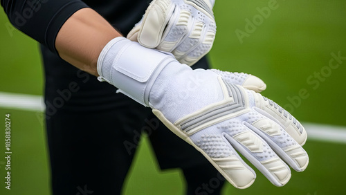 A person wearing white gloves with black stripes, resting their left hand on their right elbow while standing on a green field