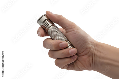 hand holding a silver flashlight . Isolated on transparent background, png