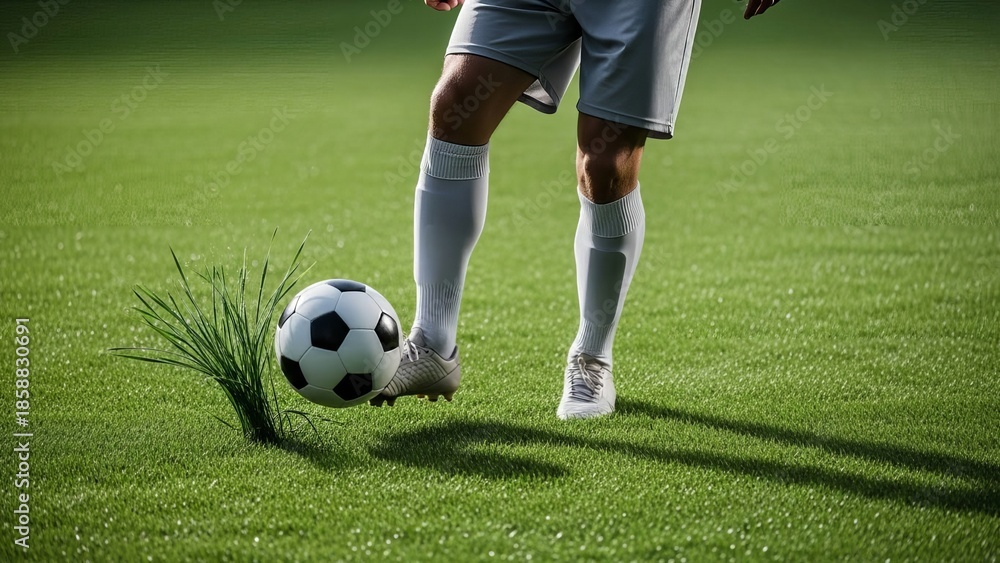 Obraz premium A player dressed in white shorts and socks kicking a soccer ball that is mid-air