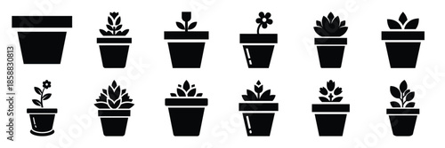 Collection of Silhouette flower pot icon set isolated on transparent background. Vector illustration set.