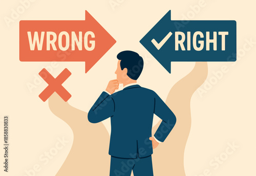 Decision making right or wrong, decide or determination to solve problem, solution, choice or choosing pathway, thinking or challenge for result concept, businessman choosing right or wrong decision.