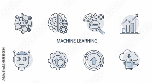 Machine Learning Icons Representing Artificial Intelligence and Data Science.