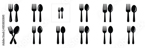 Collection of Silhouette fork spoon icon set isolated on transparent background. Vector illustration set.