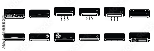 Collection of Silhouette air conditioner icon set isolated on transparent background. Vector illustration set.
