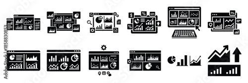 Collection of Silhouette analytics dashboard icon set isolated on transparent background. Vector illustration set.