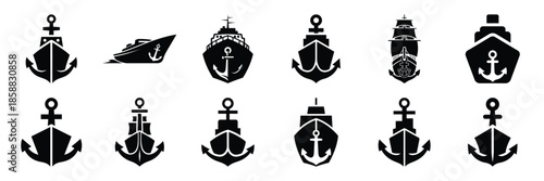 Collection of Silhouette anchor ship icon set isolated on transparent background. Vector illustration set.