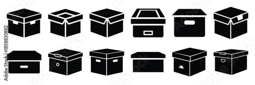 Collection of Silhouette archive box icon set isolated on transparent background. Vector illustration set.