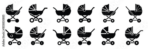 Collection of Silhouette baby stroller icon set isolated on transparent background. Vector illustration set.
