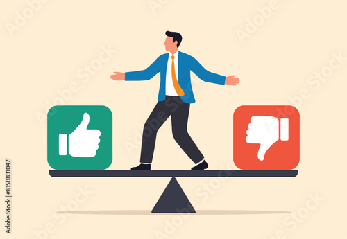 Demerit and merit evaluation, advantage and disadvantage in comparison, performance assessment, manager evaluation, judgment concept, businessman balance on seesaw with thumb up and thumb down