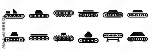Collection of Silhouette conveyor belt icon set isolated on transparent background. Vector illustration set.