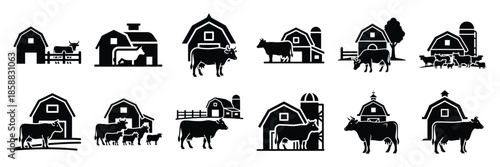Collection of Silhouette cow farm icon set isolated on transparent background. Vector illustration set.